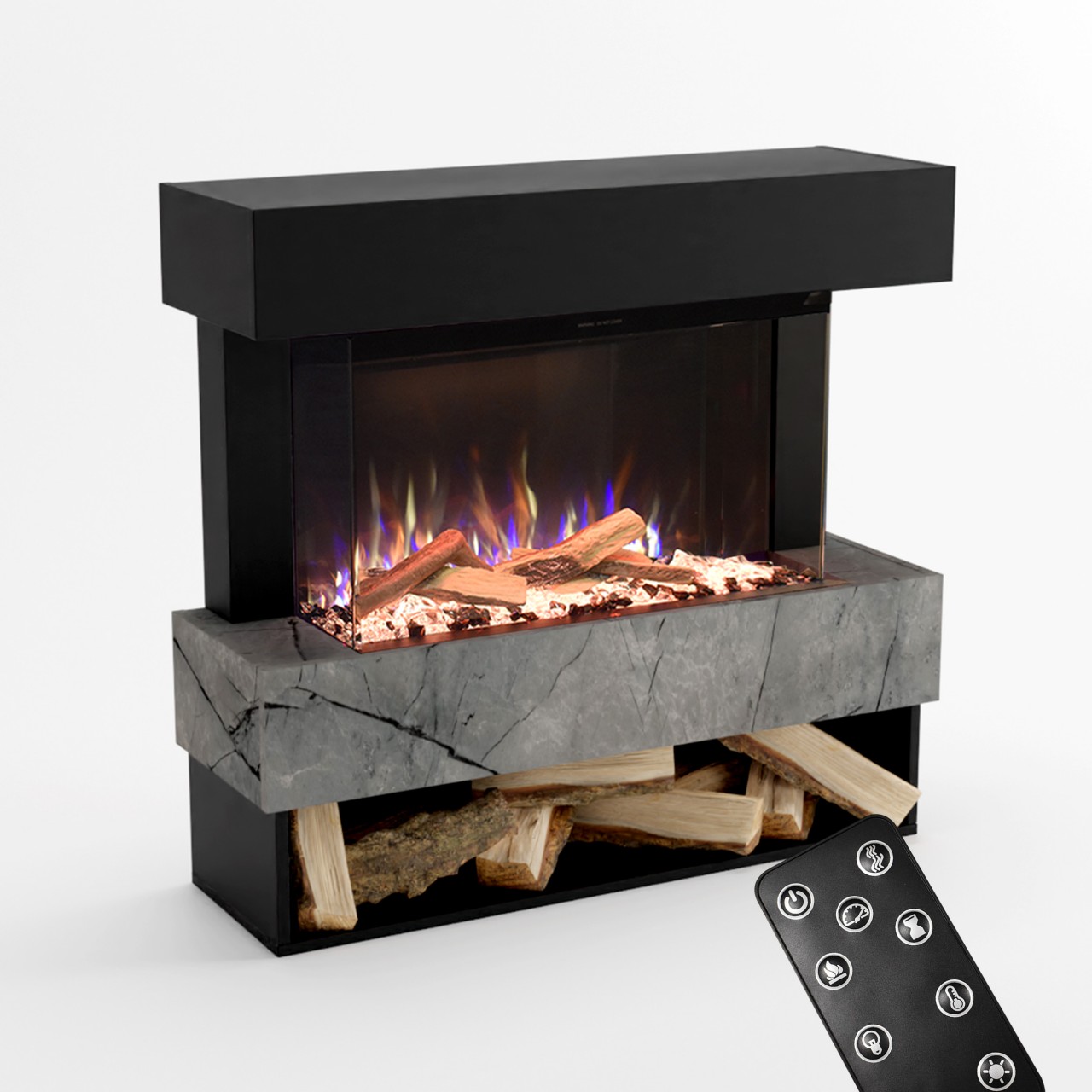 Glow Fire PR5 Schwarz Elektrokamin, Standkamin, Elektrischer Standkamin mit Heizung, Dekokamin