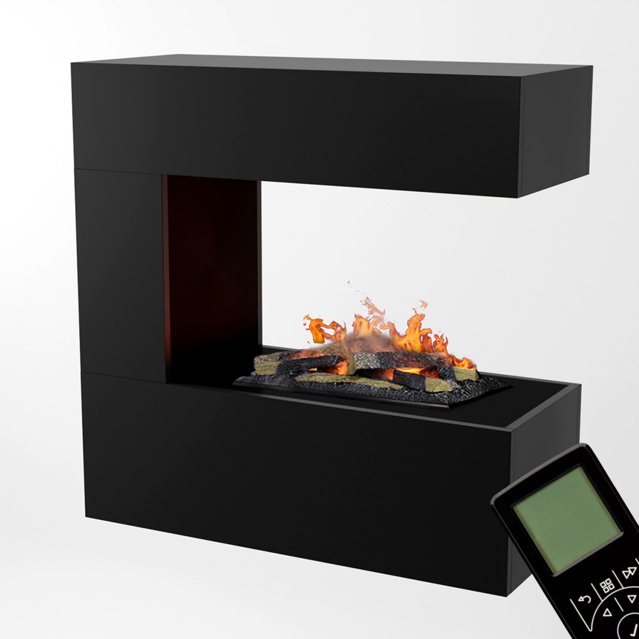 Glow Fire Schiller Wall Hängekamin Schwarz Elektrokamin mit Wasserdampf, Standkamin modern, Elektrischer Dekokamin als Raumteiler