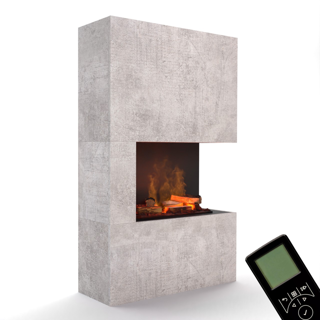 Glow Fire Tucholsky Right Corner Beton Elektrokamin mit Wasserdampf, Standkamin modern, Elektrischer Dekokamin als Raumteiler
