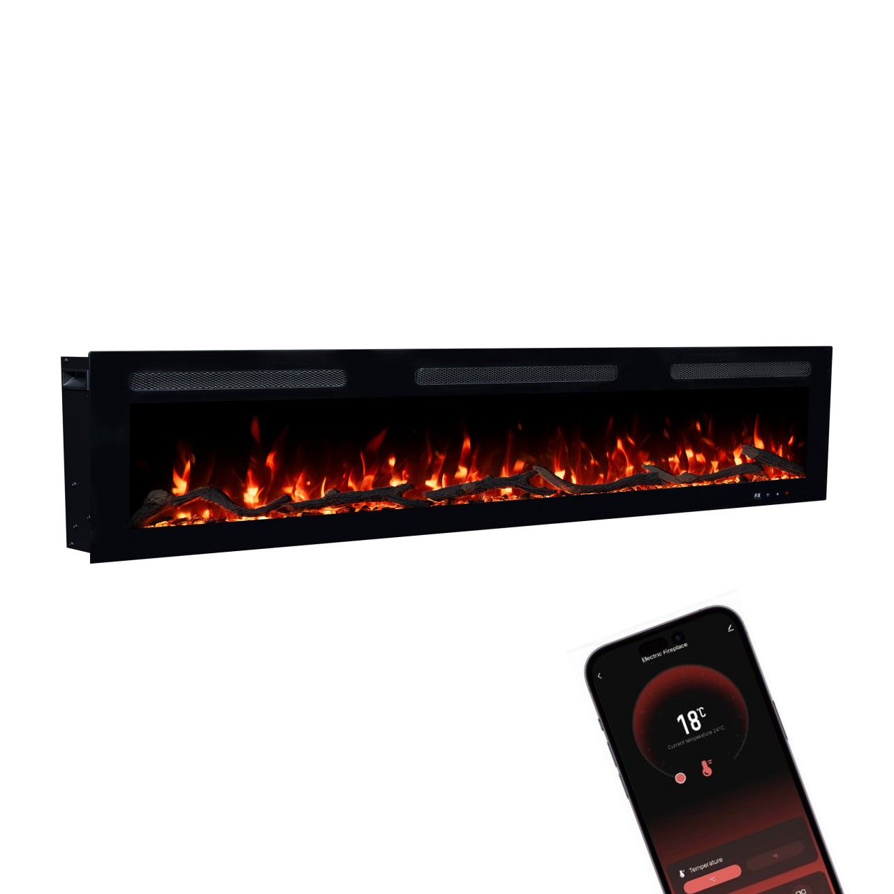 Glow Fire Inside 182 Elektrokamin Schwarz, Elektrischer Wandkamin, Dekokamin für die Wand