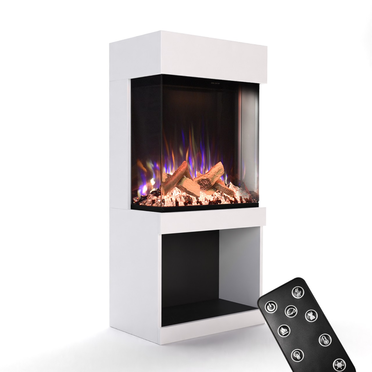 Glow Fire PR12 Weiss Elektrokamin, Standkamin, Elektrischer Standkamin mit Heizung, Dekokamin