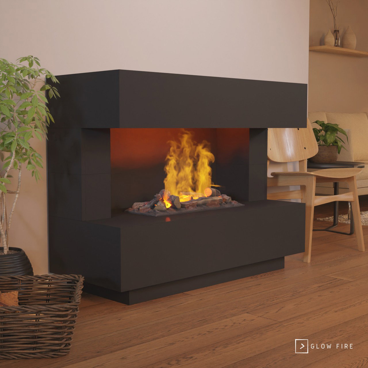 Glow Fire Kant Elektrokamin Opti-Myst Cassette 600 mit Holzdekoration