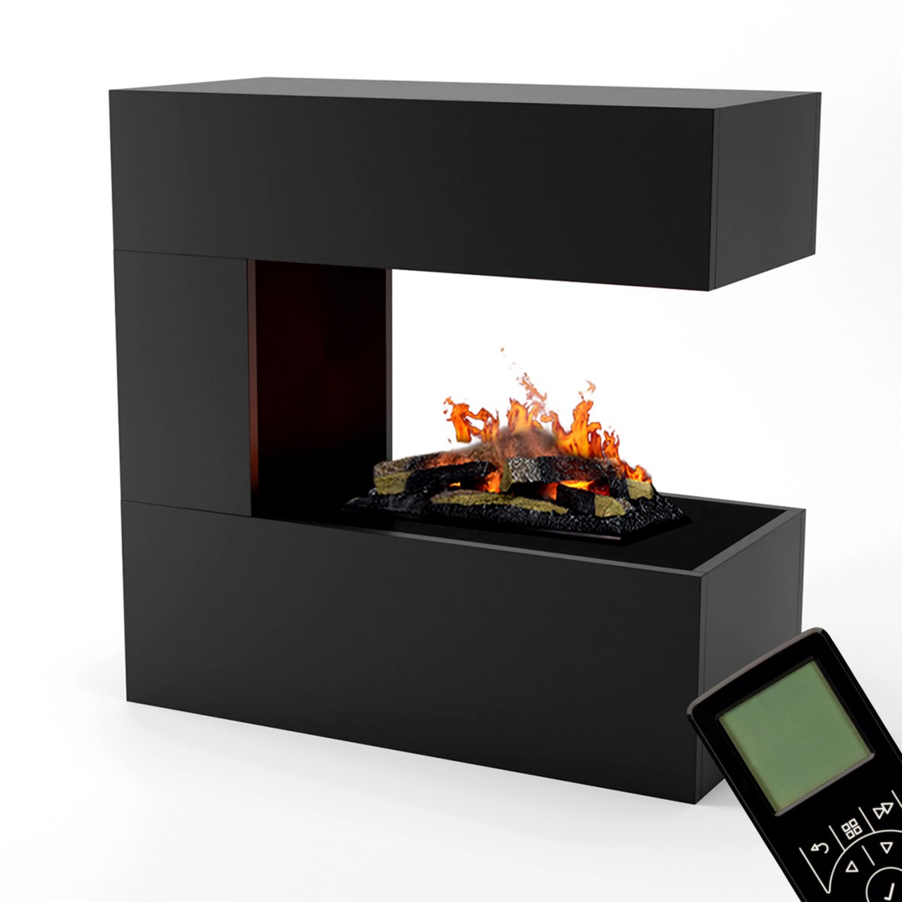 Kaminlicht Room Divider Schwarz Elektrokamin mit Wasserdampf, Standkamin modern, Elektrischer Dekokamin als Raumteiler