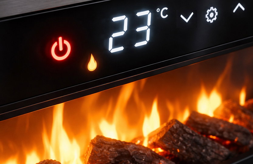 Thermostat und Timer am Elektrokamin