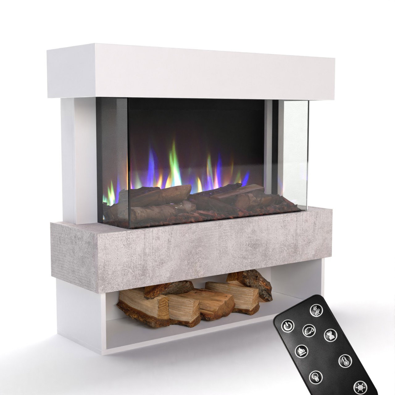 Glow Fire PR5 Elektrokamin Weiß, Standkamin, Elektrischer Standkamin mit Heizung, Dekokamin