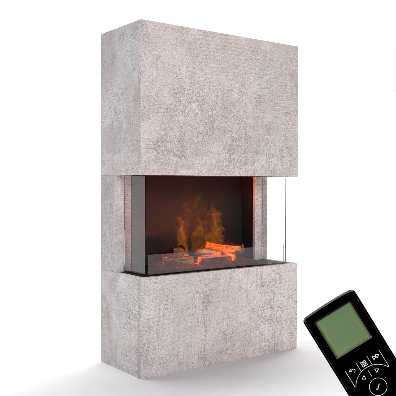 Glow Fire Tucholsky 3-sided Beton Elektrokamin mit Wasserdampf, Standkamin modern, Elektrischer Dekokamin