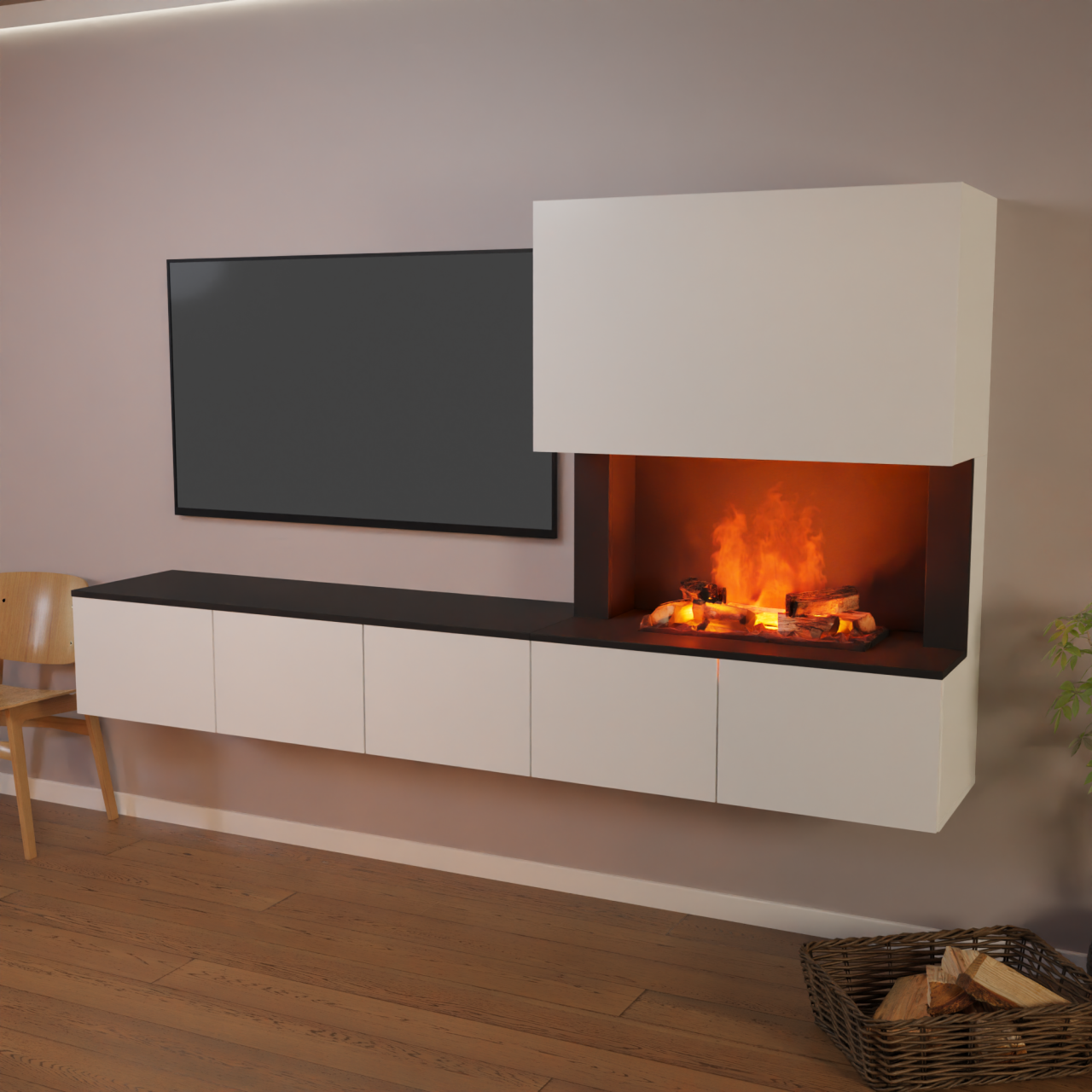 Glow Fire CW5 Wohnwand mit Kamin mit Wasserdampf Elektrokamin, Standkamin, Elektrischer Standkamin mit Heizung, Dekokamin