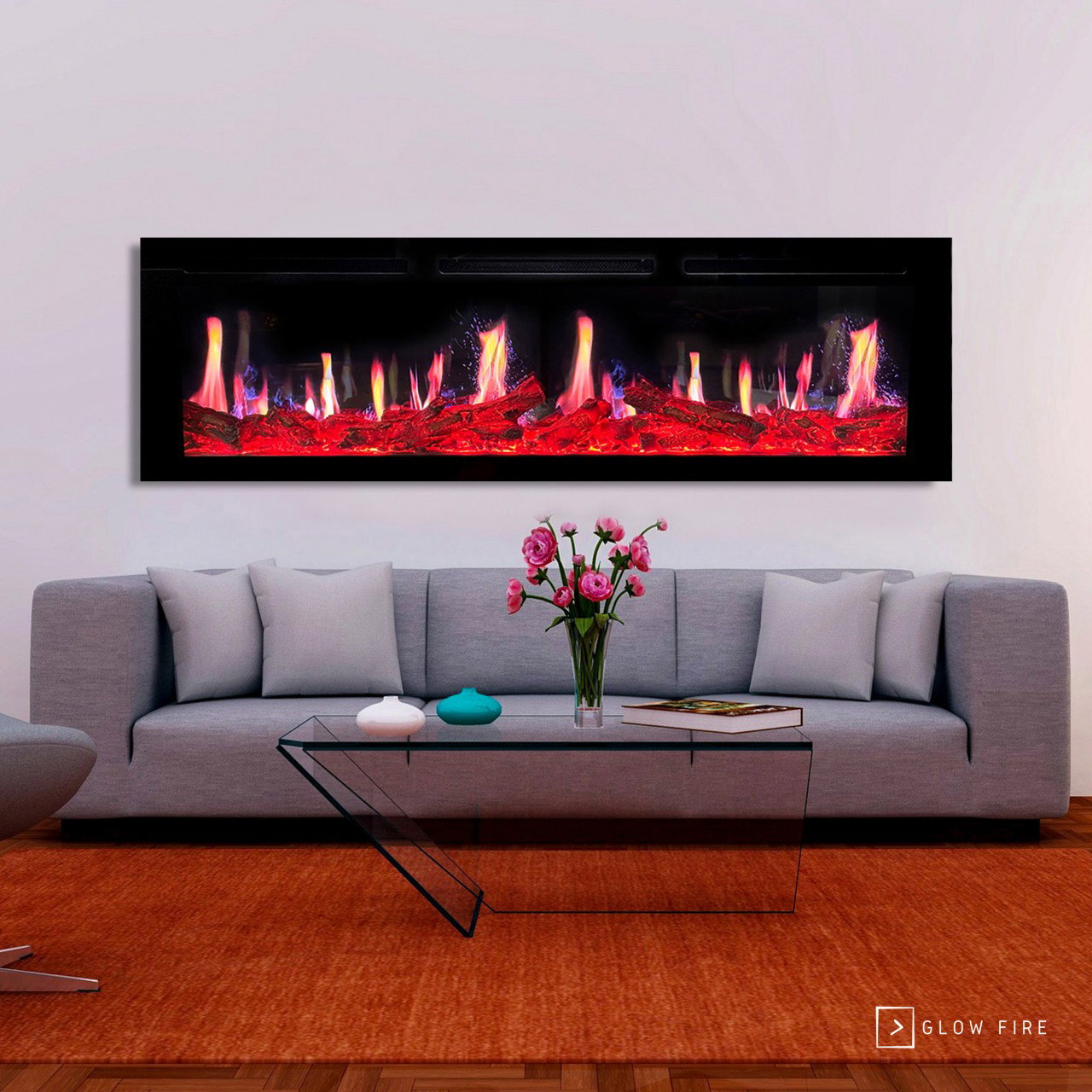 Glow Fire SCM Schwarz Elektrokamin , Screen Motion, Elektrokamineinsatz mit Heizung, Wandkamin modern, Elektrischer Dekokamin
