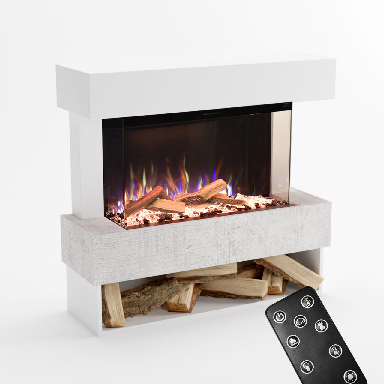 Glow Fire PR5 Elektrokamin Weiß, Standkamin, Elektrischer Standkamin mit Heizung, Dekokamin