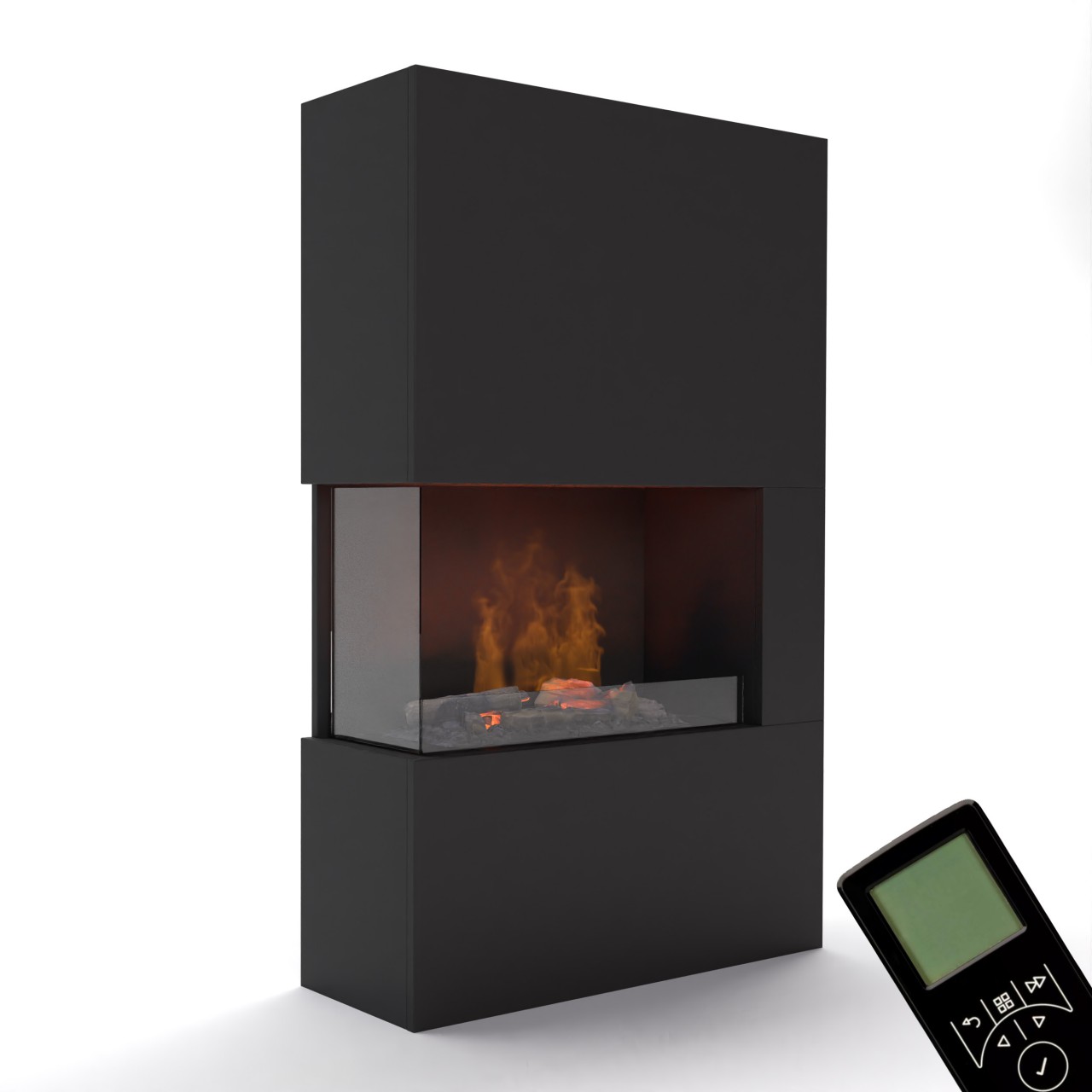 Glow Fire Tucholsky Right Corner Schwarz Elektrokamin mit Wasserdampf, Standkamin modern, Elektrischer Dekokamin als Raumteiler