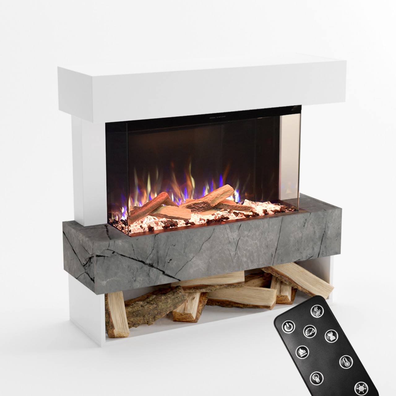 Glow Fire PR5 Elektrokamin Weiß, Standkamin, Elektrischer Standkamin mit Heizung, Dekokamin