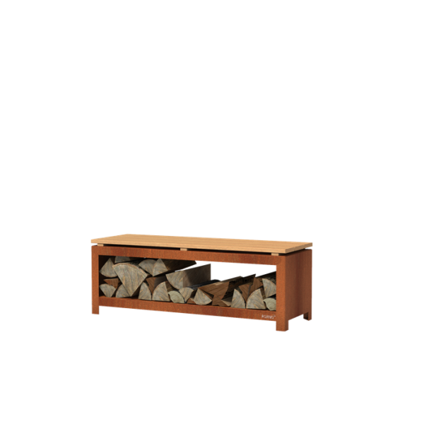 BHS2.2H Feuerholzlager mit Sitzbank Corten, 120 x 40 x 43 cm mit 182l Fassungsvermögen-Copy