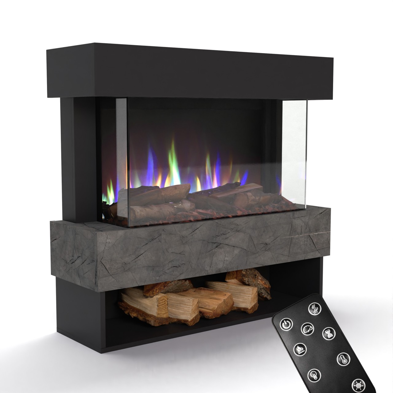 Glow Fire PR5 Schwarz Elektrokamin, Standkamin, Elektrischer Standkamin mit Heizung, Dekokamin