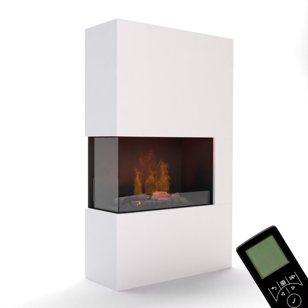 Glow Fire Tucholsky Right Corner Weiß Elektrokamin mit Wasserdampf, Standkamin modern, Elektrischer Dekokamin als Raumteiler