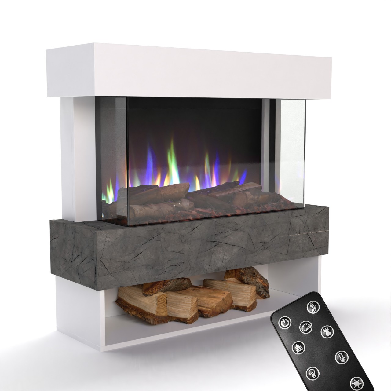 Glow Fire PR5 Elektrokamin Weiß, Standkamin, Elektrischer Standkamin mit Heizung, Dekokamin