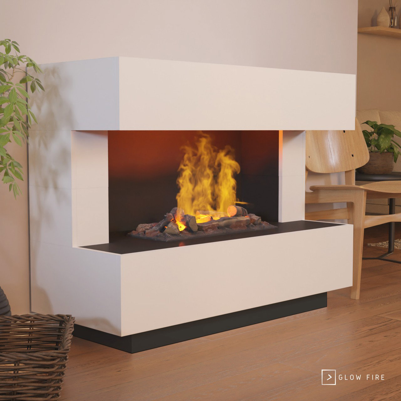 Glow Fire Kant Weiß Elektrokamin mit Wasserdampf, Standkamin modern, Elektrischer Dekokamin
