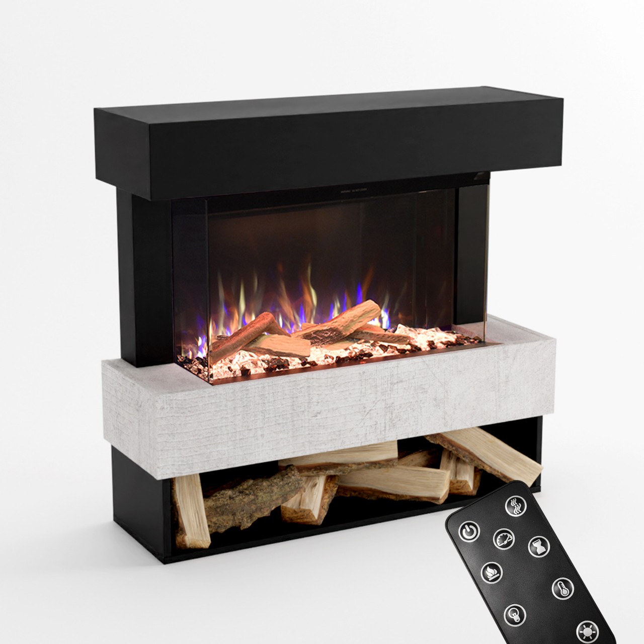 Glow Fire PR5 Schwarz Elektrokamin, Standkamin, Elektrischer Standkamin mit Heizung, Dekokamin