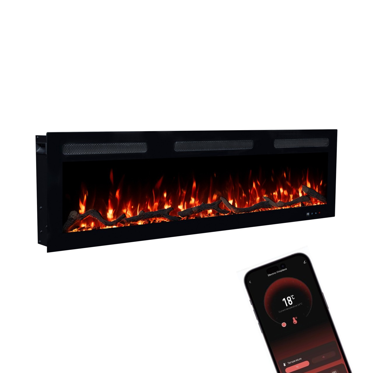Glow Fire Inside 127 Elektrokamin Schwarz, Elektrischer Wandkamin, Dekokamin für die Wand