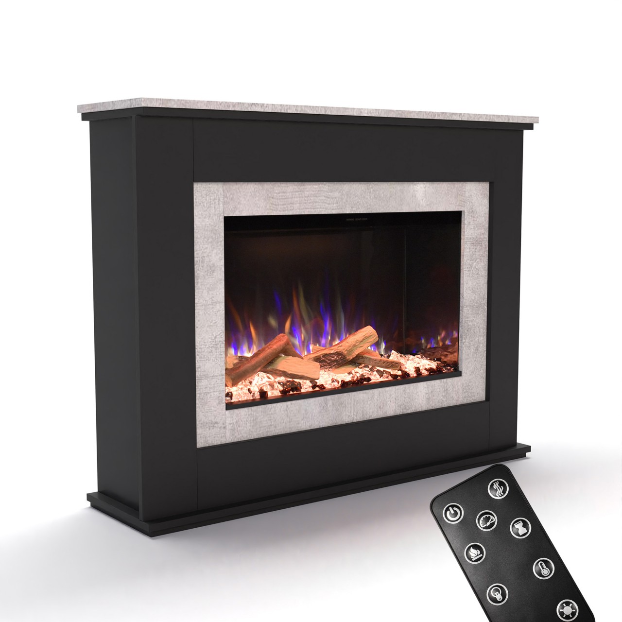 Glow Fire PR6 Schwarz Elektrokamin, Standkamin, Elektrischer Standkamin mit Heizung, Dekokamin