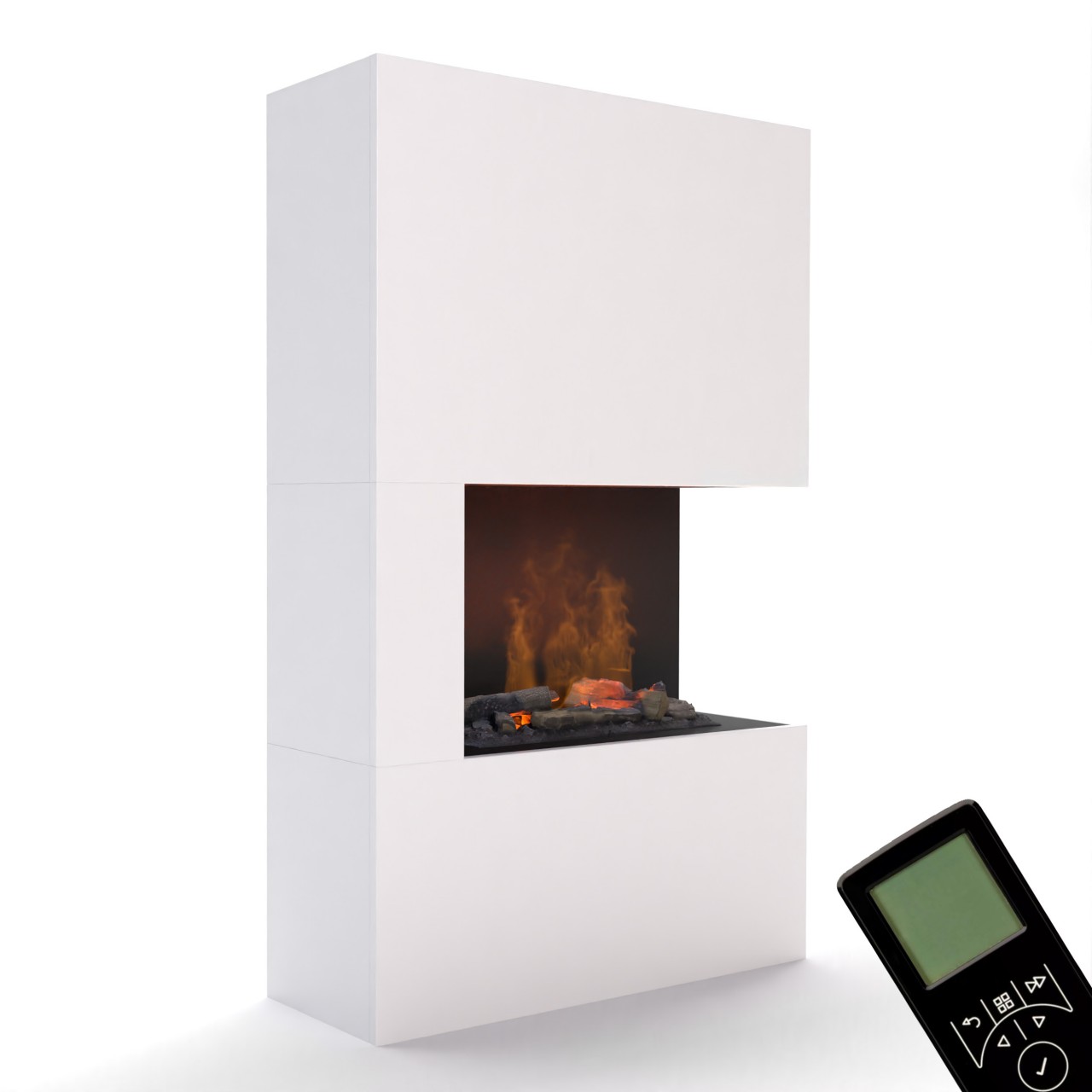 Glow Fire Tucholsky Right Corner Weiß Elektrokamin mit Wasserdampf, Standkamin modern, Elektrischer Dekokamin als Raumteiler