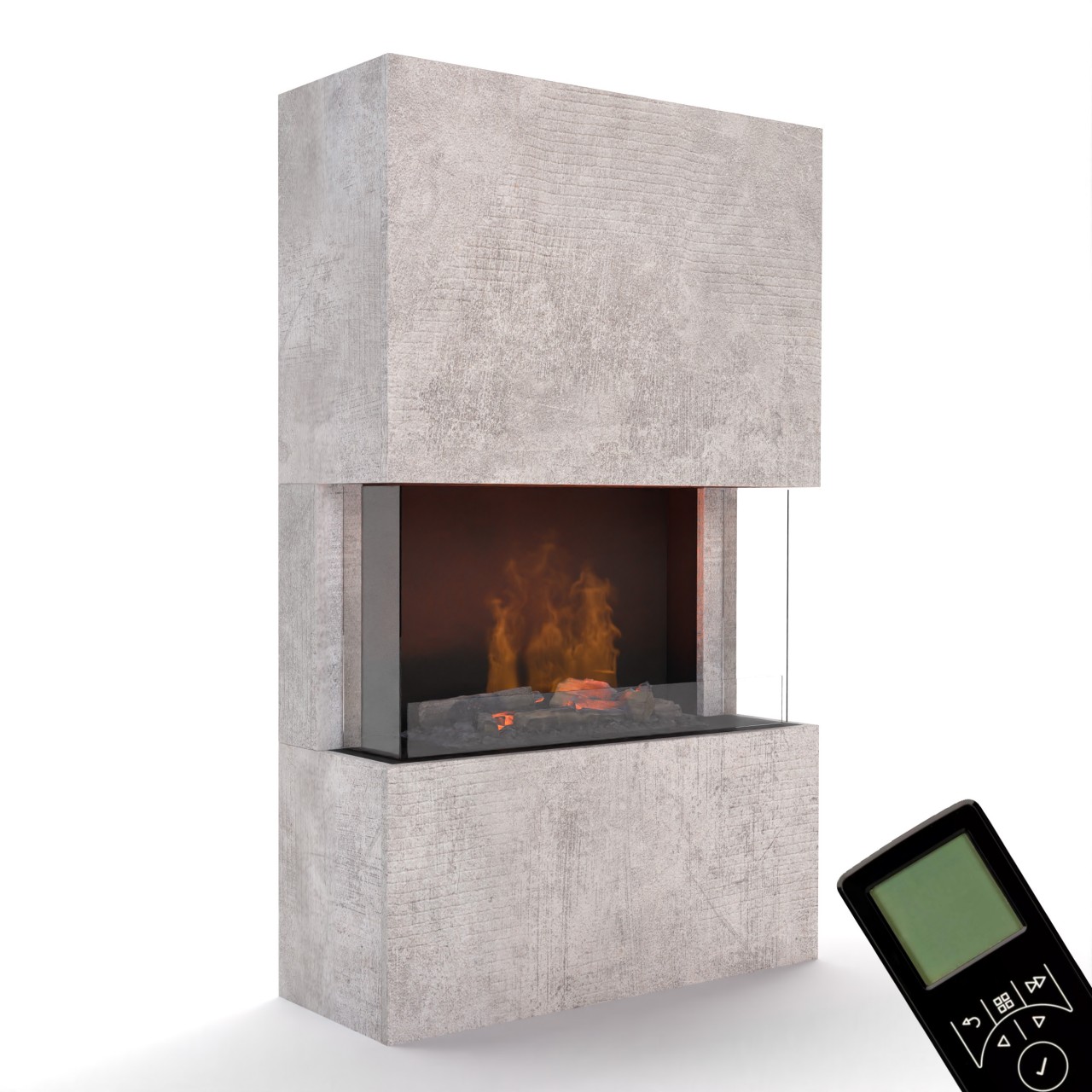 Glow Fire Tucholsky 3-sided Beton Elektrokamin mit Wasserdampf, Standkamin modern, Elektrischer Dekokamin