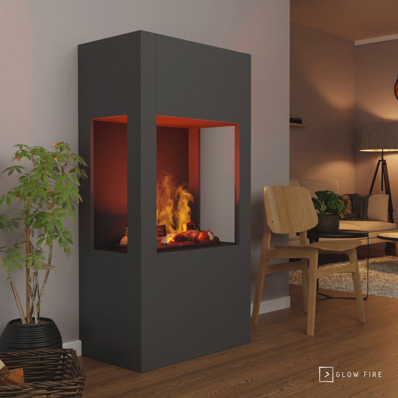 Glow Fire Böll Grau Elektrokamin mit Wasserdampf, Standkamin modern, Elektrischer Dekokamin als Raumteiler
