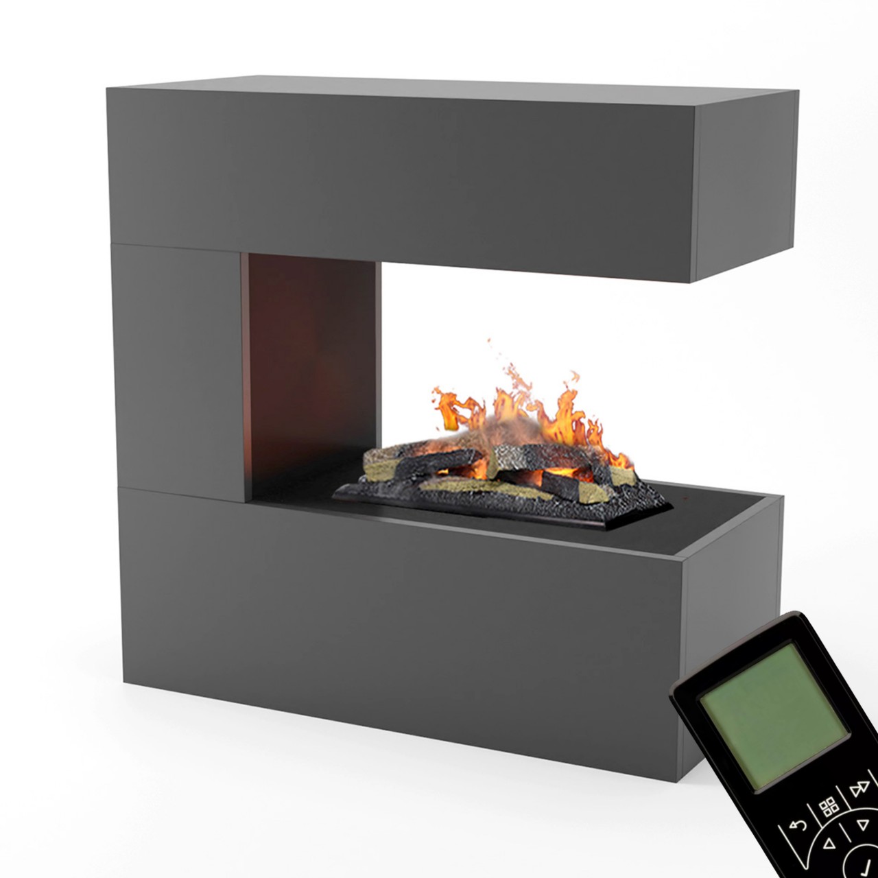 Kaminlicht Room Divider Grau Elektrokamin mit Wasserdampf, Standkamin modern, Elektrischer Dekokamin als Raumteiler