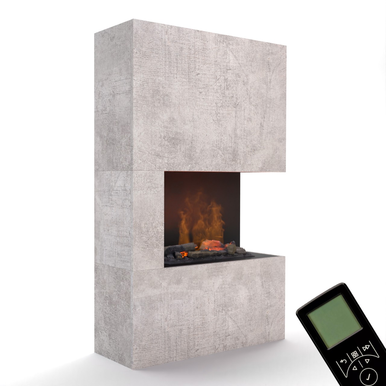 Glow Fire Tucholsky Right Corner Beton Elektrokamin mit Wasserdampf, Standkamin modern, Elektrischer Dekokamin als Raumteiler