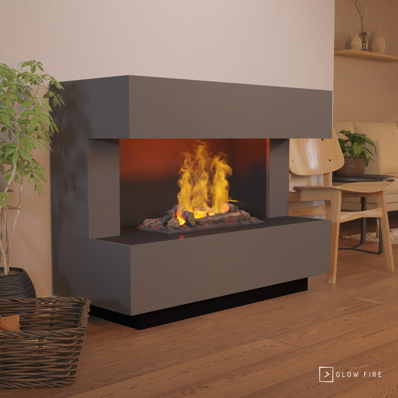 Glow Fire Kant Grau Elektrokamin mit Wasserdampf, Standkamin modern, Elektrischer Dekokamin
