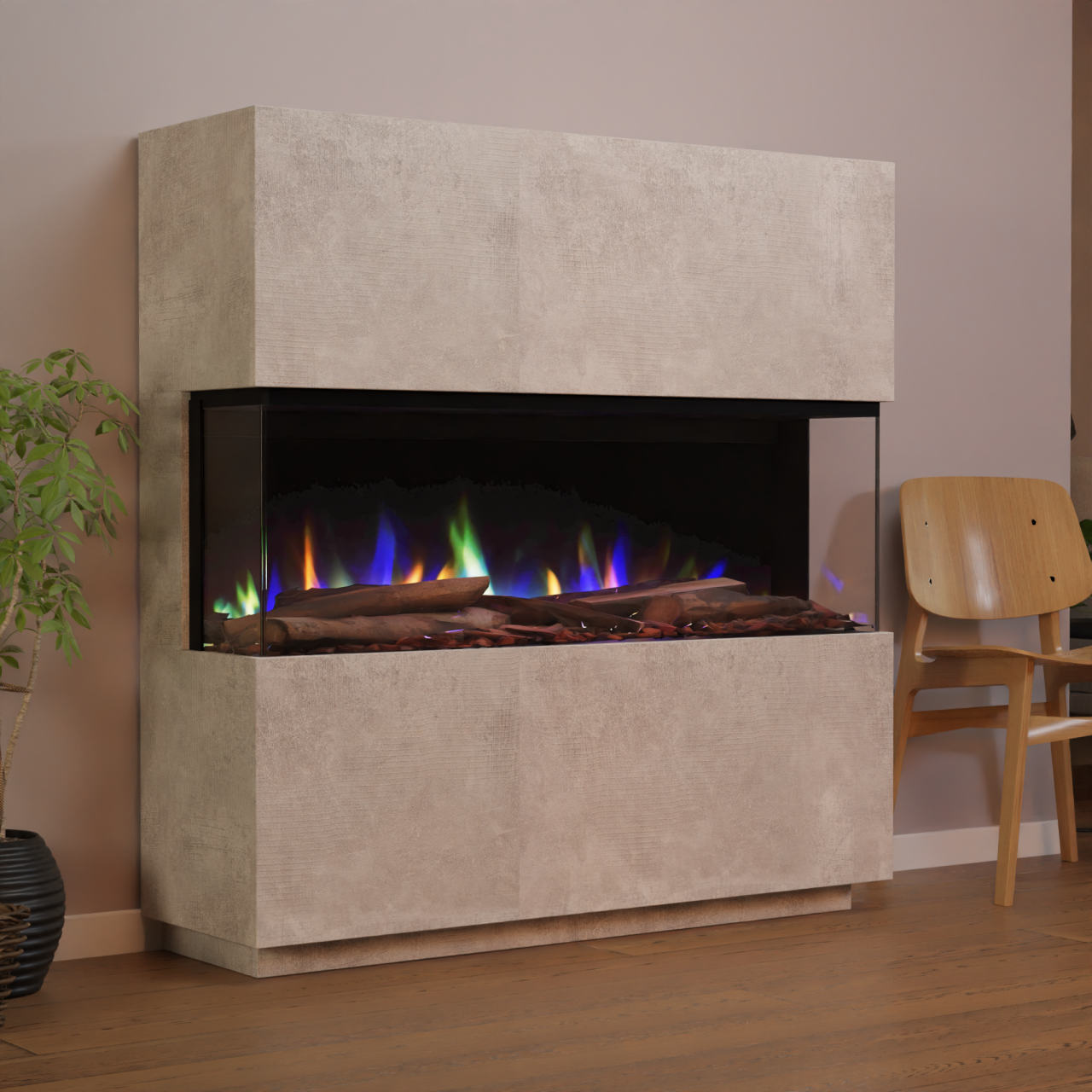 Glow Fire PR15 Beton Elektrokamin, Standkamin, Elektrischer Standkamin mit Heizung, Dekokamin
