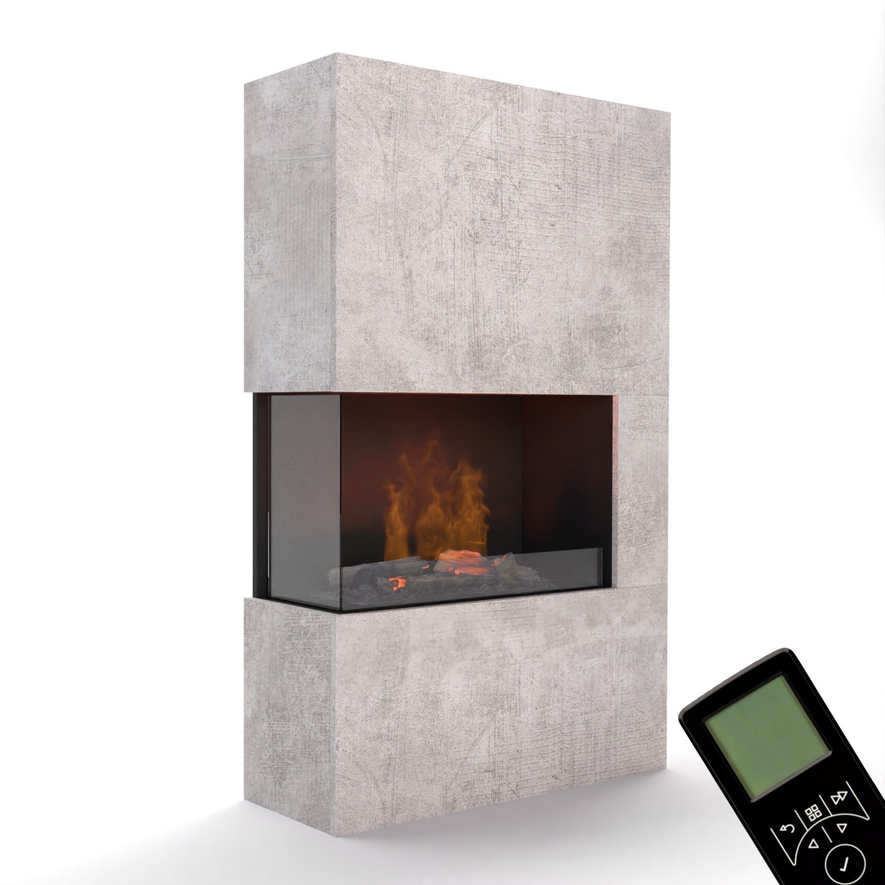 Glow Fire Tucholsky Right Corner Beton Elektrokamin mit Wasserdampf, Standkamin modern, Elektrischer Dekokamin als Raumteiler