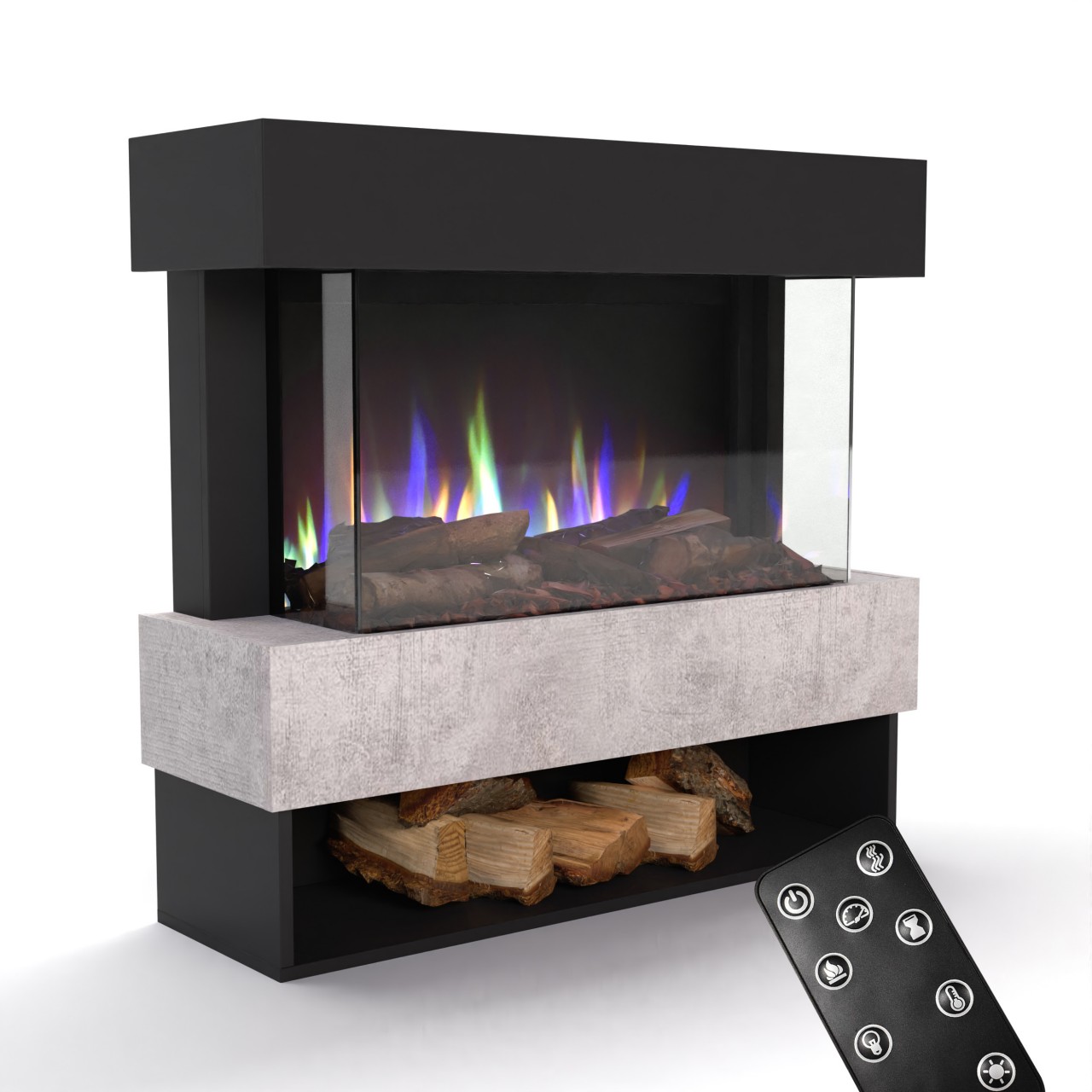 Glow Fire PR5 Schwarz Elektrokamin, Standkamin, Elektrischer Standkamin mit Heizung, Dekokamin