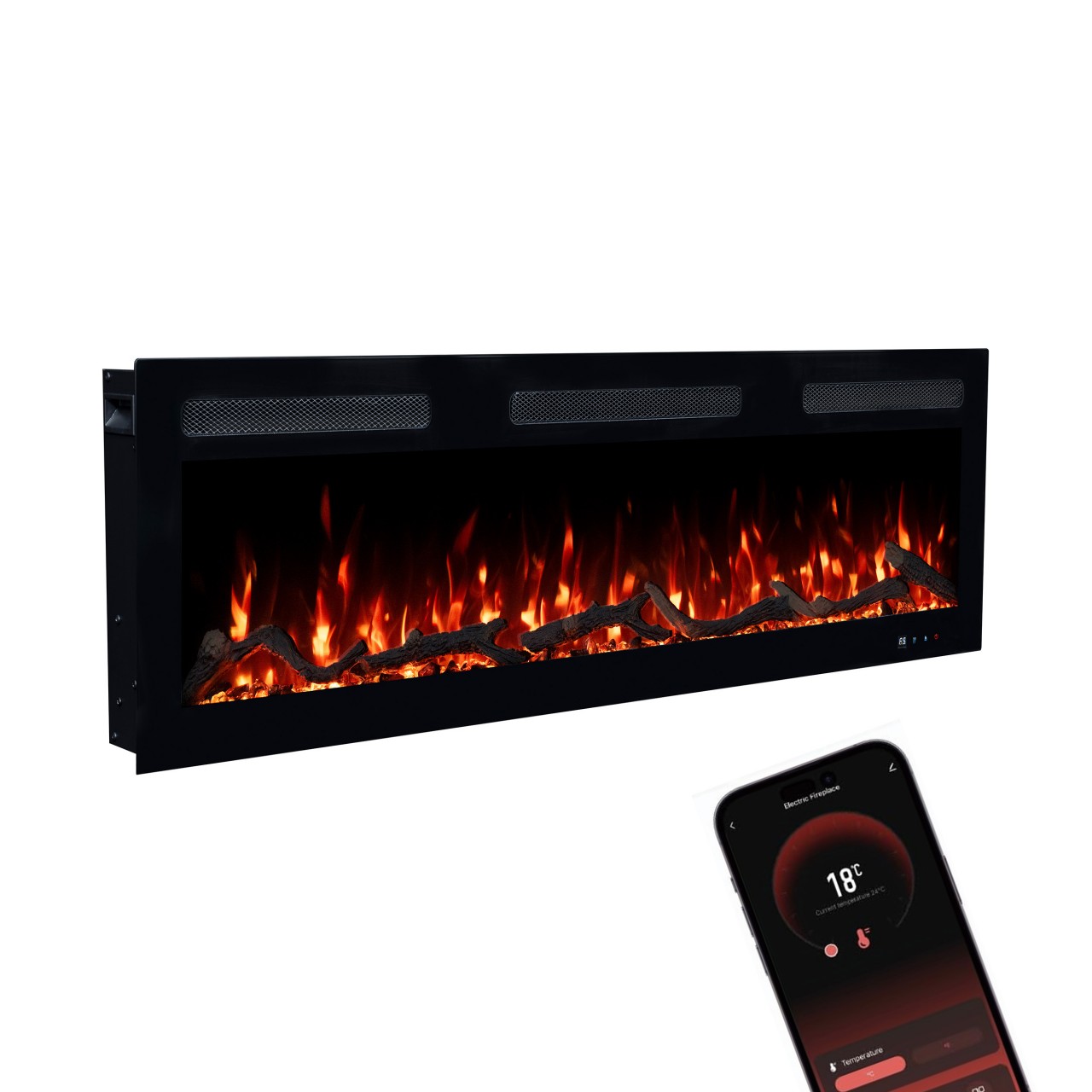 Glow Fire Inside 106 Elektrokamin Schwarz, Elektrischer Wandkamin, Dekokamin für die Wand
