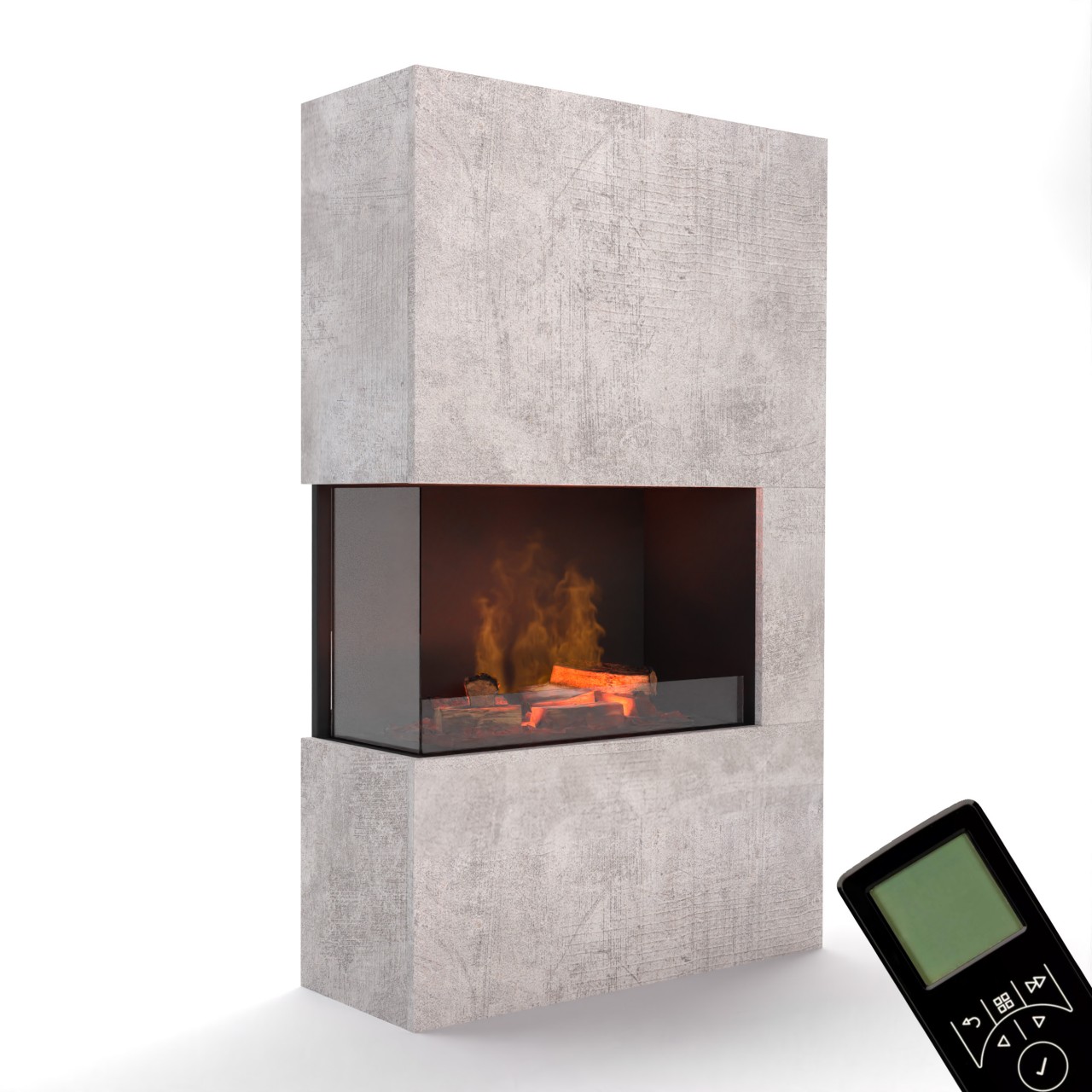 Glow Fire Tucholsky Right Corner Beton Elektrokamin mit Wasserdampf, Standkamin modern, Elektrischer Dekokamin als Raumteiler