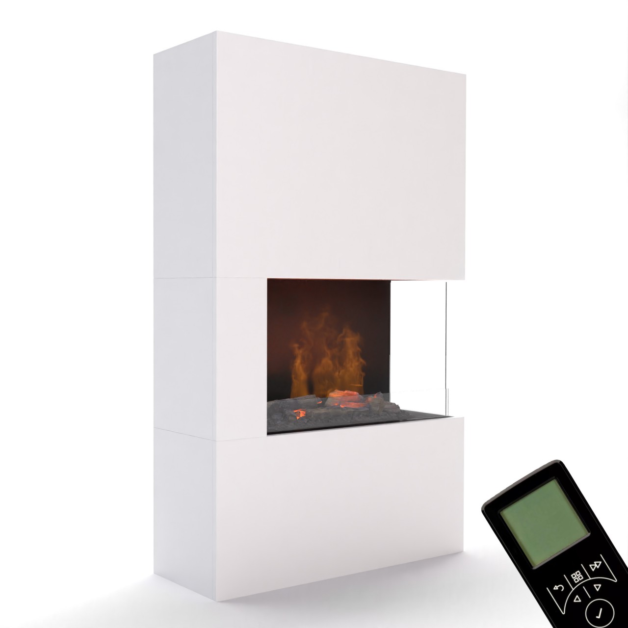 Glow Fire Tucholsky Right Corner Weiß Elektrokamin mit Wasserdampf, Standkamin modern, Elektrischer Dekokamin als Raumteiler