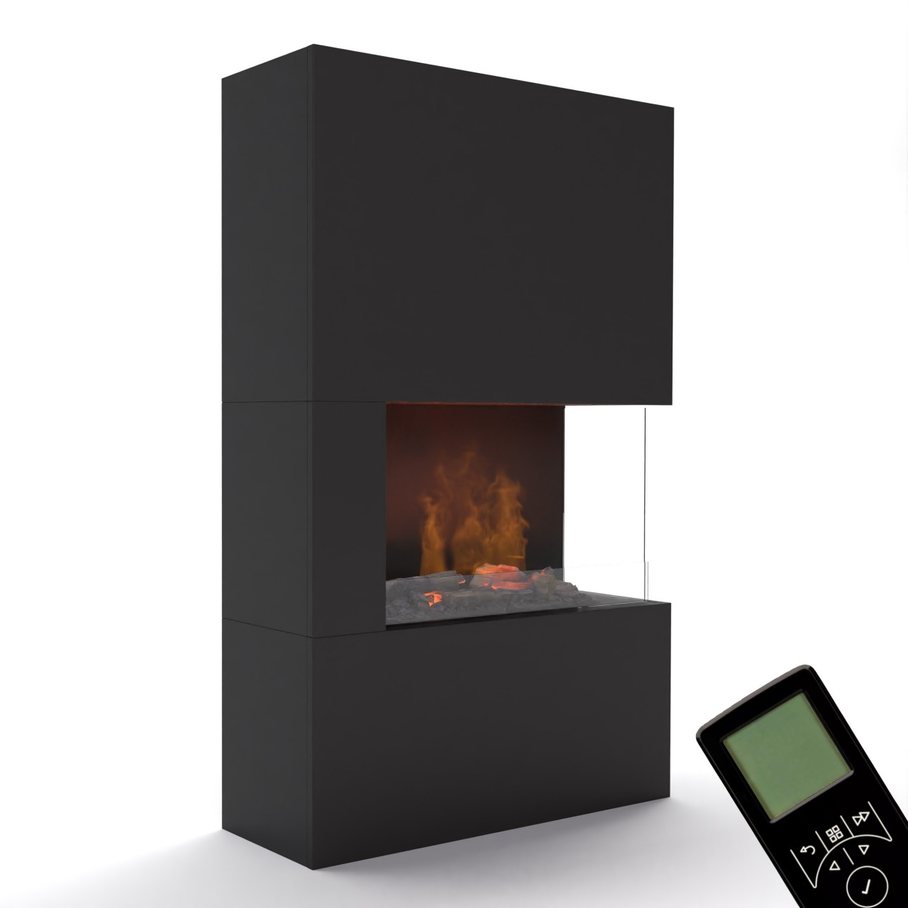 Glow Fire Tucholsky Right Corner Schwarz Elektrokamin mit Wasserdampf, Standkamin modern, Elektrischer Dekokamin als Raumteiler